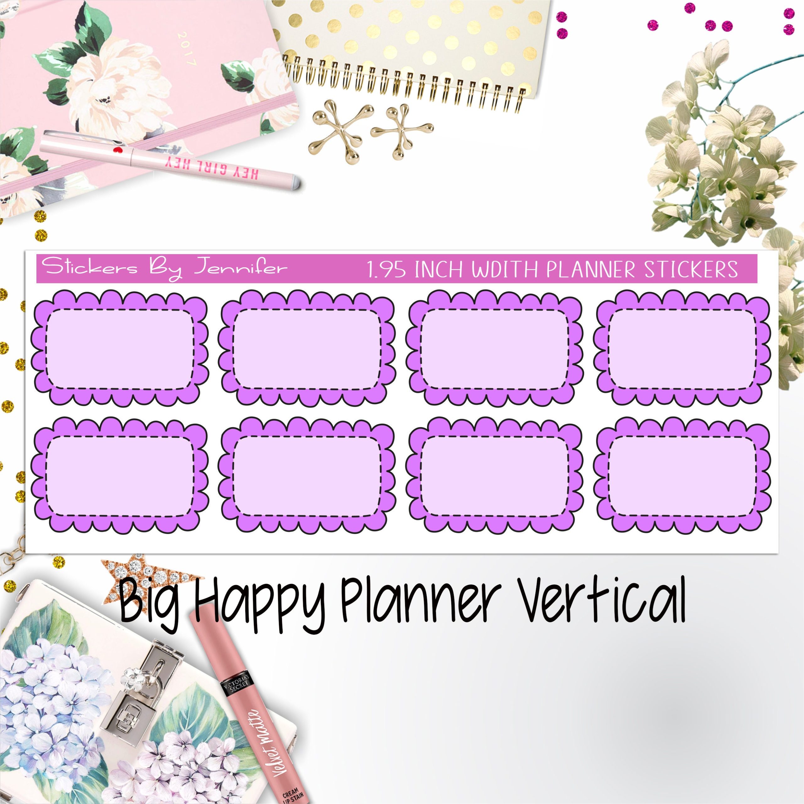 Scalloped Labels 1.95 inch Width Half Boxes 247 for Big Happy Planner Vertical Planner Stickers