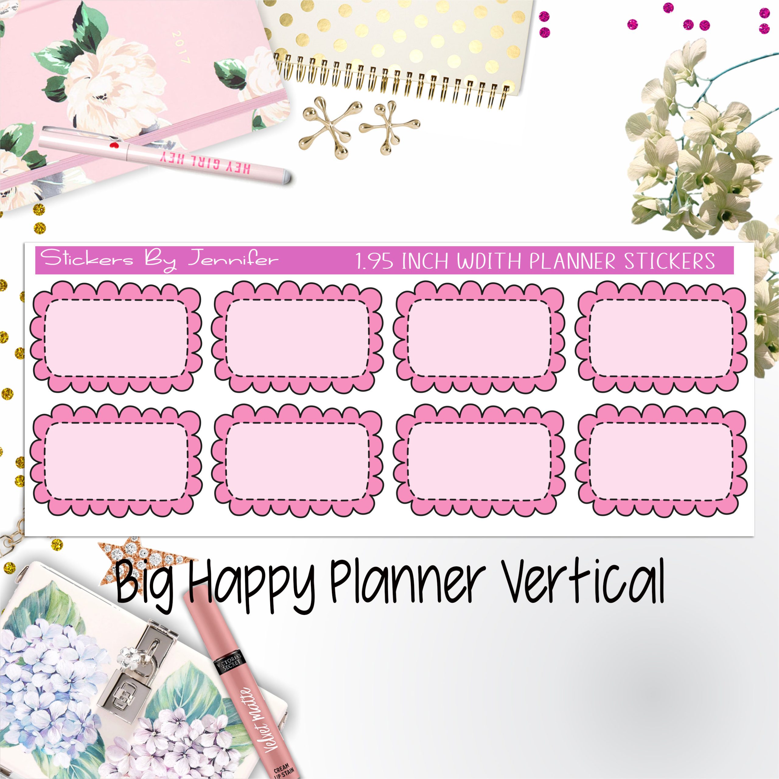Scalloped Labels 1.95 inch Width Half Boxes 252 for Big Happy Planner Vertical Planner Stickers