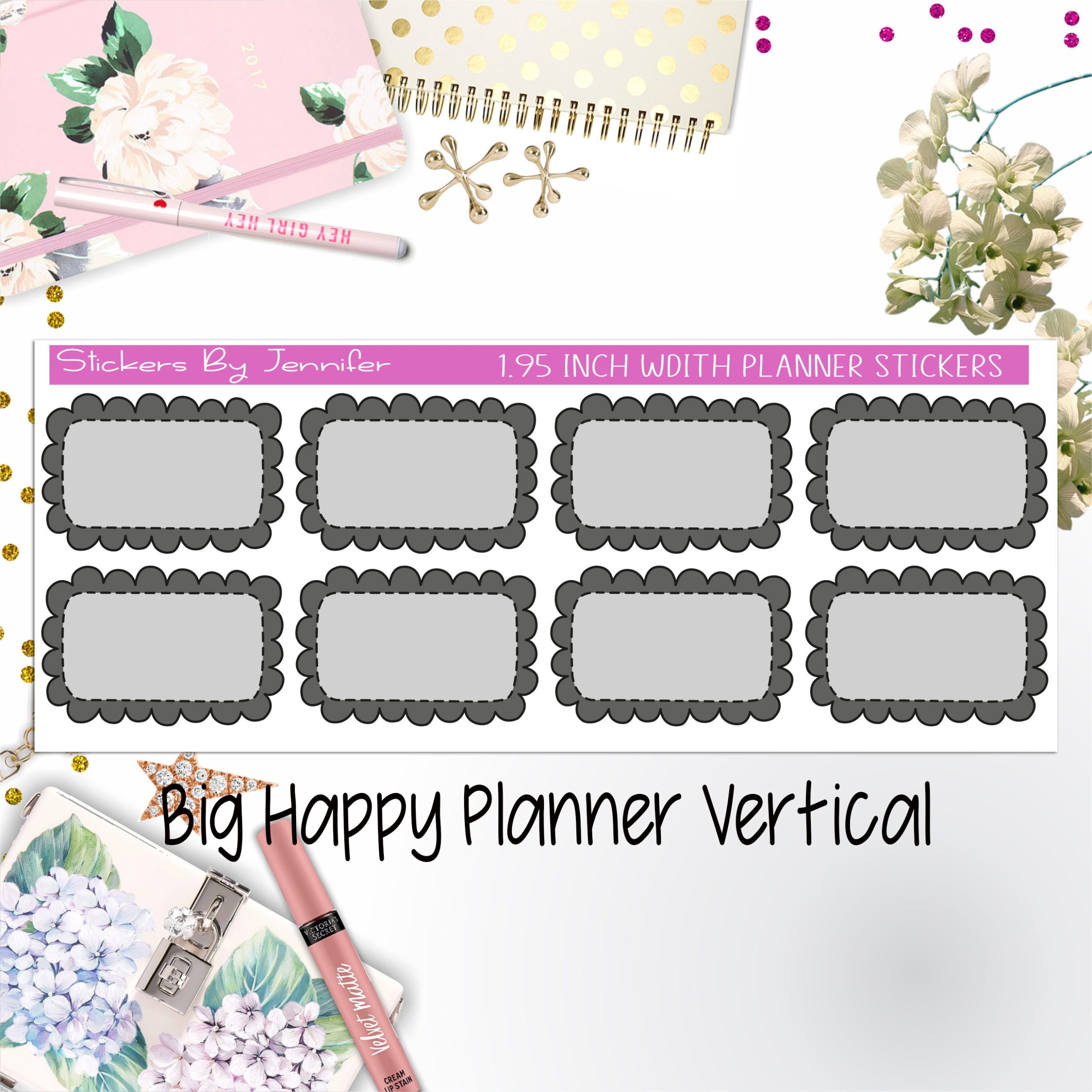 Scalloped Labels 1.95 inch Width Half Boxes 274 for Big Happy Planner Vertical Planner Stickers