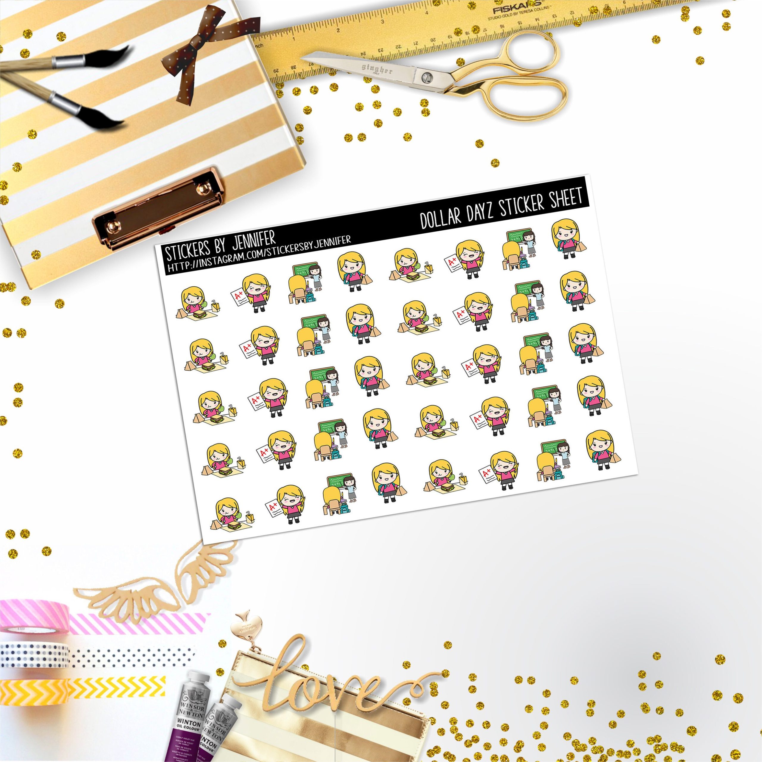 School Character Girl Mini DD046, Planner Stickers, Bullet Journal, Functional Planner Stickers, Stationary Stickers