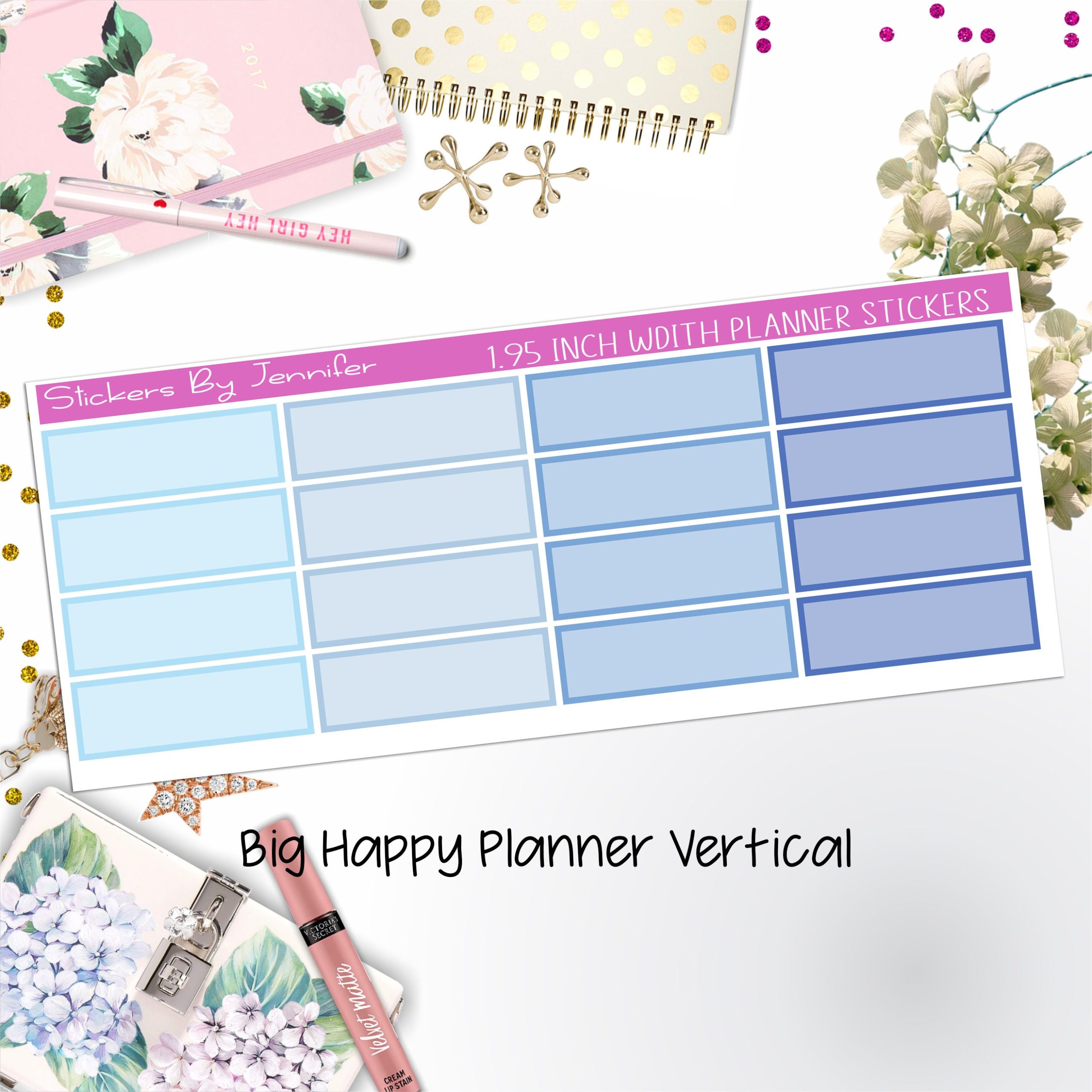 Tinted Rectangle 1.95 inch Width Quarter Boxes 404 for Big Happy Planner Vertical Planner Stickers