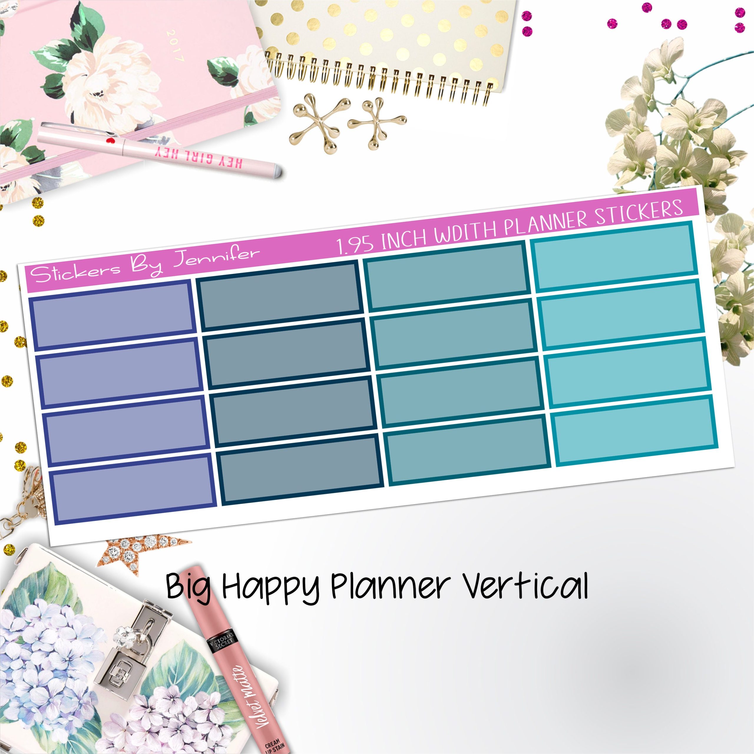 Tinted Rectangle 1.95 inch Width Quarter Boxes 405 for Big Happy Planner Vertical Planner Stickers