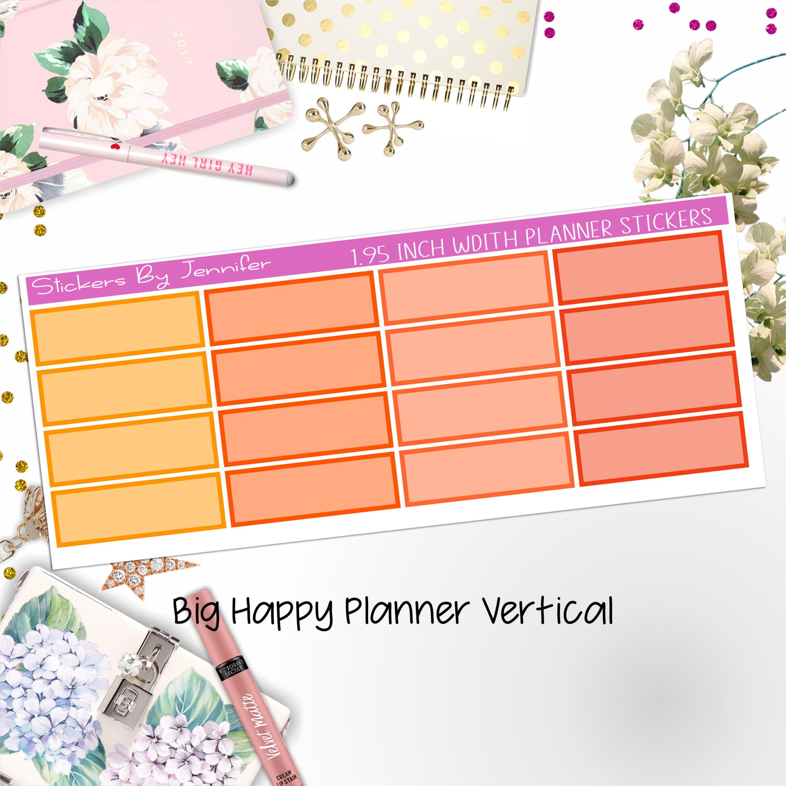 Tinted Rectangle 1.95 inch Width Quarter Boxes 412 for Big Happy Planner Vertical Planner Stickers