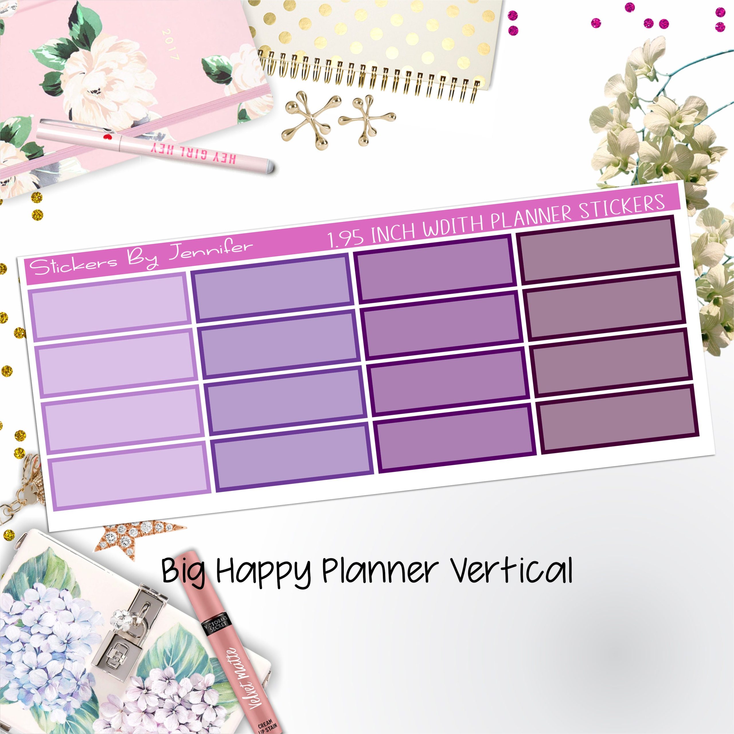 Tinted Rectangle 1.95 inch Width Quarter Boxes 417 for Big Happy Planner Vertical Planner Stickers