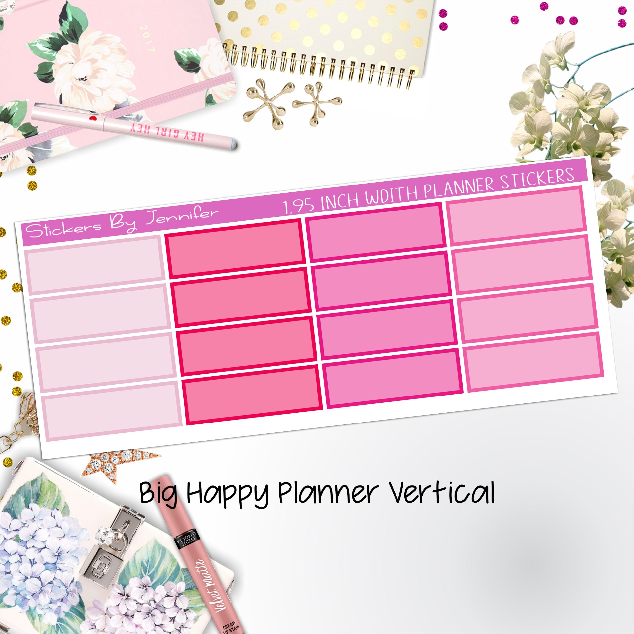 Tinted Rectangle 1.95 inch Width Quarter Boxes 419 for Big Happy Planner Vertical Planner Stickers