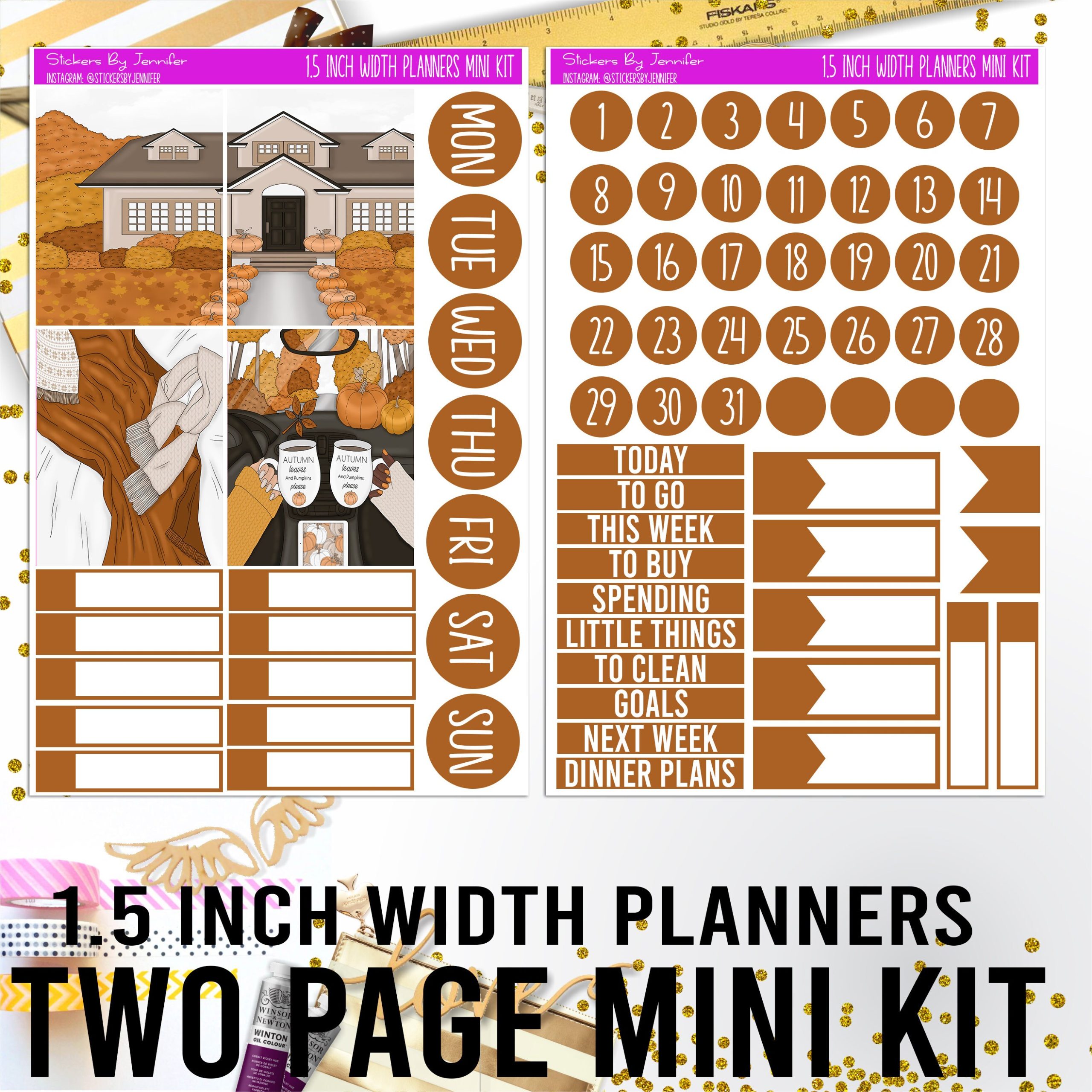 Two Page 1.5 Inch Width Mini Kit 043 Planner Stickers, Bullet Journal Stickers, Functional Planner Stickers, Stationary Stickers
