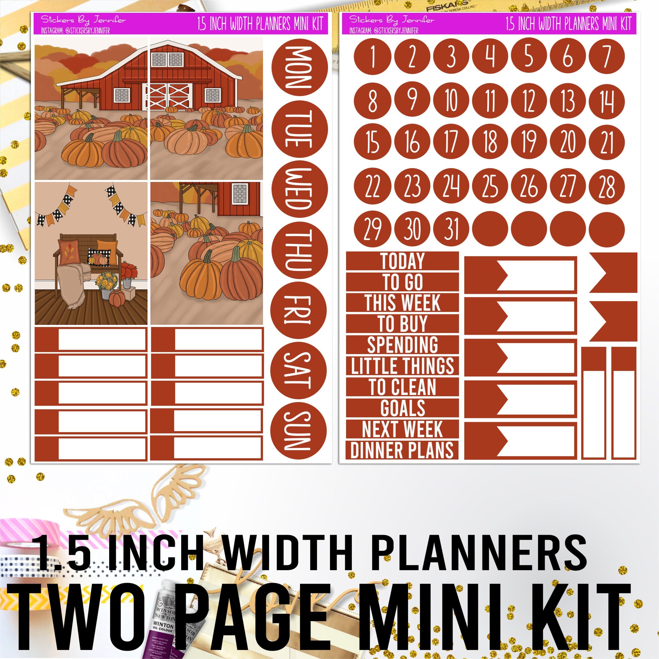 Two Page 1.5 Inch Width Mini Kit 044 Planner Stickers, Bullet Journal Stickers, Functional Planner Stickers, Stationary Stickers